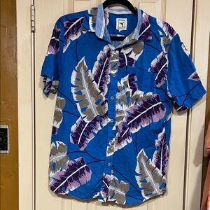Natural Blue Linen/Cotton Tropical Blue and Purple Leaf Print Men's Shirt